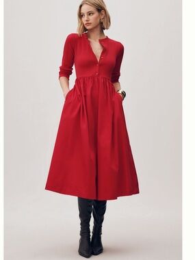 Nwt Maeve Anthropologie Red Button-Front Midi Dress